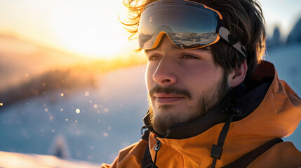 Closeup of the handsome young man wearing a jacket, skiing or snowboarding googles and equipment, standing on the snowy trail during the cold winter season day outdoors, smiling at the camera. Sunset - obrazy, fototapety, plakaty