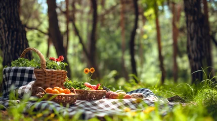 Store enrouleur tamisant sans perçage Prairie, marais Wooden picnic basket or wicker filled with wild flowers. Placed on a black and white tablecloth, on a green grass meadow field in the forest on a sunny summer or spring day outdoors, trees around