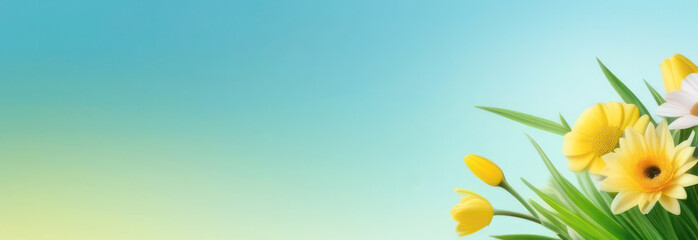 banner with spring flowers in delicate pastel colors, blue, white, green and yellow. Space for text, 2/3 free background.