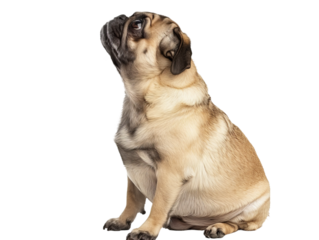 pug looking up, closeup sideview cutout portrait isolated on transparent background