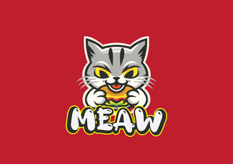 Cat eating a piece of burger, cat theme logo