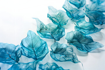 Blue watercolor leaves laid on a white background