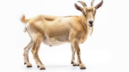 A golden brown goat gazing sideways at the camera. A full-body portrait of a goat on a white background. Created with Generative AI.