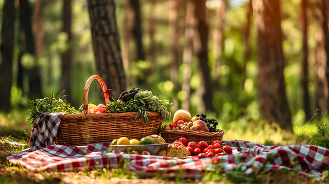 Wooden picnic basket or wicker filled with wild flowers. Placed on a black and white tablecloth, on a green grass meadow field in the forest on a sunny summer or spring day outdoors, trees around