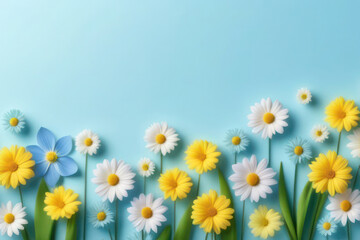 Fototapeta premium A lush and vibrant card with spring flowers in delicate pastel colors, blue, white, green and yellow. Sun rays on flowers. Space for text, 2/3 free space.