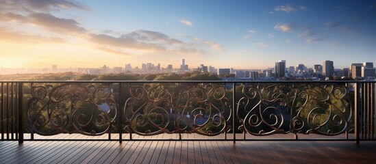 Balcony with metal handrails overlooking urban landscape
