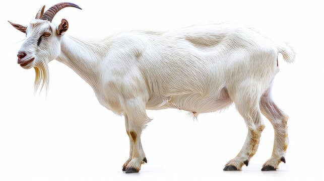 A whole goat was photographed from the side inside a white room. The goat has a beard and long horns. Pure white goat. Created with Generative AI.
