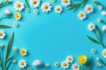 Fototapeta na wymiar A lush and vibrant card with spring flowers in delicate pastel colors, blue, white, green and yellow. Sun rays on flowers. Space for text, 2/3 free space.