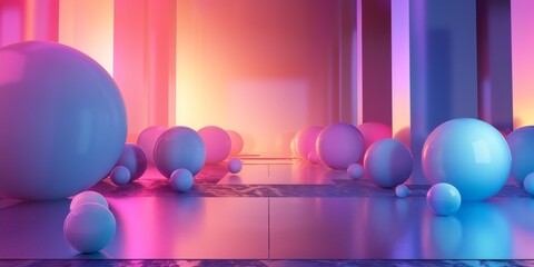 A room full of colorful spheres, some of which are blue and some are pink - stock background.