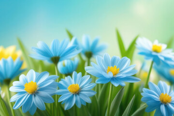 Obraz premium A lush and vibrant card with spring flowers in delicate pastel colors, blue, white, green and yellow. Sun rays on flowers. Space for text, 2/3 free space.