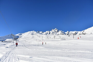 Ski slopes of Courchevel ski resort by winter 