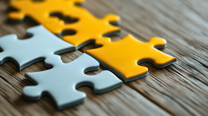 Fototapeta premium Closeup of the yellow and white jigsaw puzzle pieces on the wooden desk or table, symbolizing teamwork amongst business people and colleagues. Partnership, connection and cooperation.Creative planning