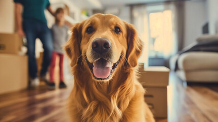 Closeup of the happy golden retriever dog standing in a new house or home, family standing blurred in the background, cardboard boxes on the floor. Moving in, relocation, joyful pet, ownership