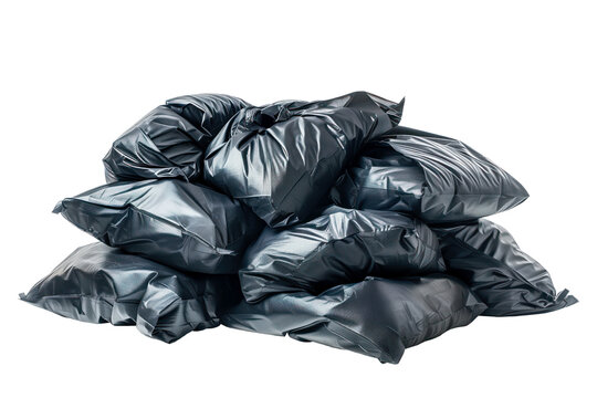 Pile of black garbage bags isolated on a white or transparent background. Close-up of black trash bags. Recycling and sorting waste, caring for the environment.