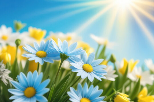 A lush and vibrant card with spring flowers in delicate pastel colors, blue, white, green and yellow. Sun rays on flowers. Space for text, 2/3 free space.