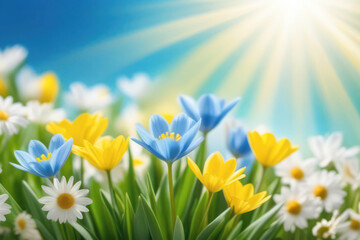Fototapeta na wymiar A lush and vibrant card with spring flowers in delicate pastel colors, blue, white, green and yellow. Sun rays on flowers. Space for text, 2/3 free space.