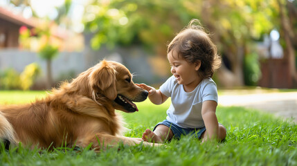 Little toddler boy sitting on a grass in his home backyard, playing with cute golden retriever dog as his pet. Friendship between little male child or kid and an animal. Childhood summer leisure time