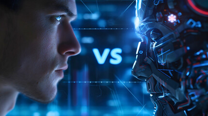 Businessman standing face to face with the robot. Concept of humanity vs AI or artificial...