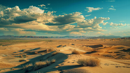 Vast Desert Landscapes: Capture the stark beauty of desert landscapes, with rolling sand dunes, rugged rock formations, and expansive desert plains under clear skies or dramatic cloud formations. 