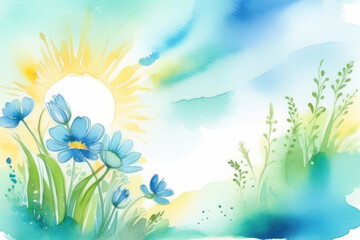 Fototapeta na wymiar A bright and vibrant card with spring flowers in delicate pastel colors, blue, white, green and yellow, made in watercolor. Sun rays on flowers. Space for text, 2/3 free space.