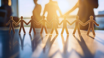 Paper people holding hands together in an unbroken chain, casting long shadows on an office table. Businesspeople and colleagues partnership and friendship, working community concept, team standing - obrazy, fototapety, plakaty