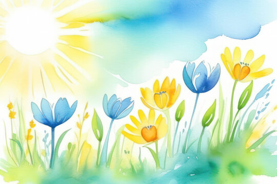 A bright and vibrant card with spring flowers in delicate pastel colors, blue, white, green and yellow, made in watercolor. Sun rays on flowers. Space for text, 2/3 free space.