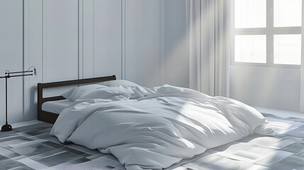 Comfortable Bedroom with Soft Bedding, Bright Light, and Minimalist White Decor