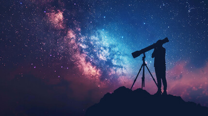 Astronomer's Gaze: An image of an astronomer standing atop a mountain peak at night, looking through a powerful telescope towards the starry sky. Generative AI - obrazy, fototapety, plakaty