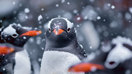 Closeup photography of the group of black and white polar gentoo penguin birds, flock or colony of animals in the snowy wilderness in winter cold weather outdoors in Antarctica