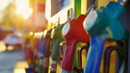 Closeup of the row of petroleum pump nozzles of various colors on a petrol gas or fuel station. Gasoline industry service for car transportation, to fill the automobile tank with benzine or diesel
