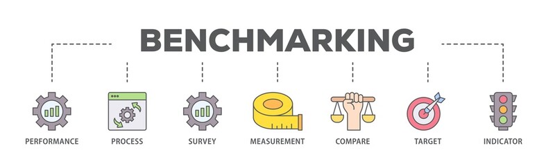 Benchmarking banner web icon illustration concept with icon of performance, process, survey, measurement, compare, target, and indicator icon live stroke and easy to edit 