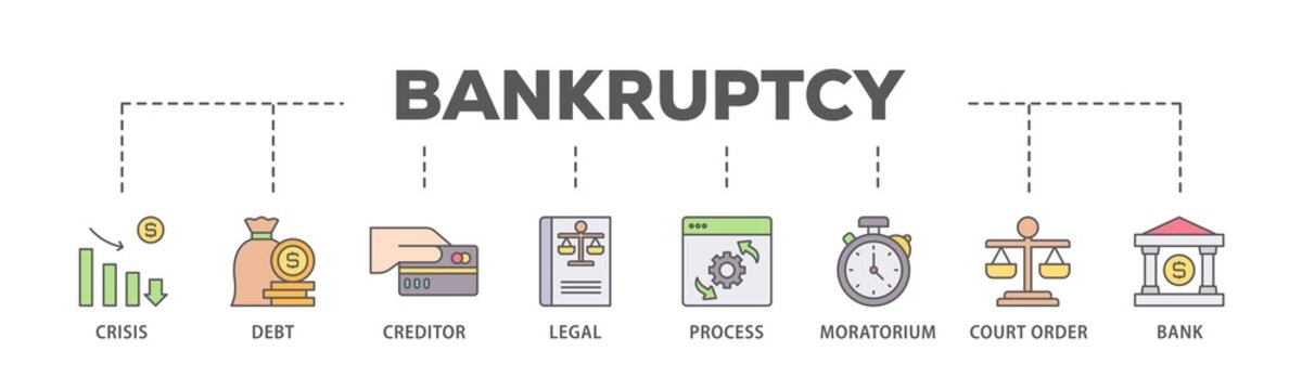 Bankruptcy banner web icon illustration concept with icon of bank ,court order, legal, moratorium, process, creditor, debt, crisis icon live stroke and easy to edit 