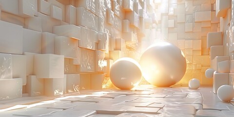 A white room with two white balls and a bunch of white blocks - stock background.