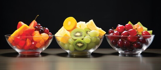 Three bowls of assorted fruit are displayed on a table, showcasing the vibrant colors and shapes of various terrestrial plant ingredients