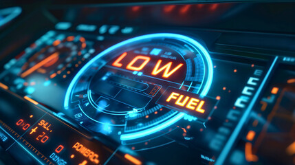 Low fuel indicator on the car meter dashboard, empty vehicle, fill the tank - obrazy, fototapety, plakaty