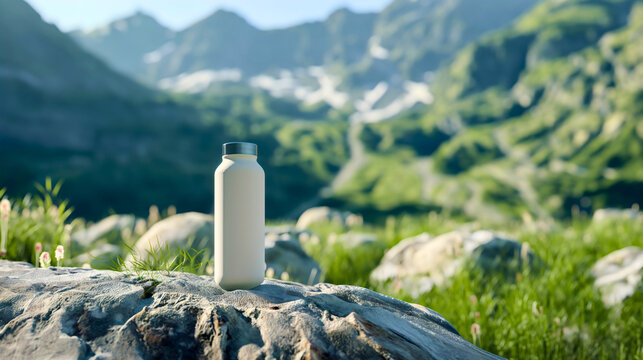Blank white mockup reusable ECO tumbler, natural mountain range landscape blurred in the background. Steel and stainless bottle