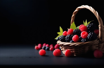 Blackberry and raspberry in a wicker basket on a black background