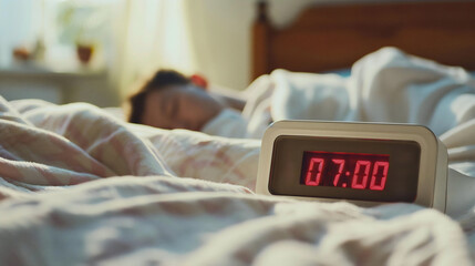 Closeup of the digital alarm clock on the bedsheets showing 7AM, time to wake up in the morning, man sleeping in a bed, on a pillow, covered with a white blanket, sunlight, late for work, laziness