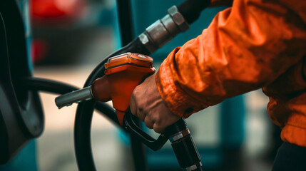Male gas station worker, man holding an orange petroleum pump nozzle and filling up the benzine or diesel fuel tank of the car parked on a petrol gas station.  - obrazy, fototapety, plakaty