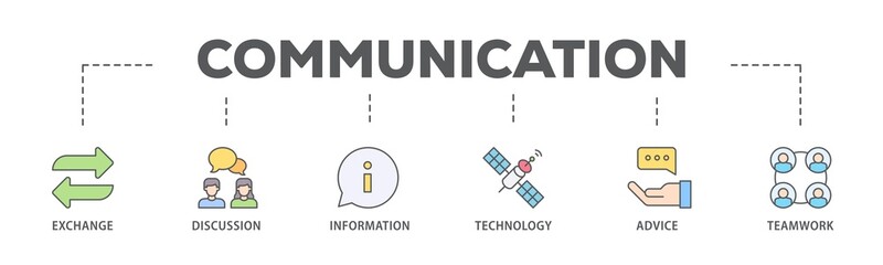 Communication banner web icon illustration concept with icon of exchange, discussion, information, technology, advice, and teamwork icon live stroke and easy to edit 