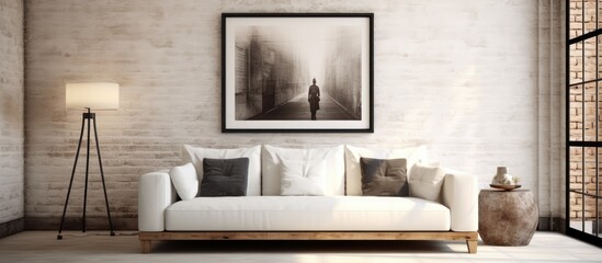 Comfortable living space with a couch and blank wall decoration.