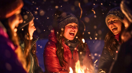 Group of young female friends sitting around the campfire, beautiful girls camping in the wilderness, laughing and having a good time in the forest nature. Nighttime winter adventure,snowfall