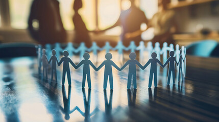 Paper people holding hands together in an unbroken circle, casting long shadows on an office table. Businesspeople and colleagues partnership and friendship, working community concept, team standing - obrazy, fototapety, plakaty