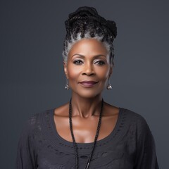 Picture featuring a stylish braided haircut on a beautiful mature black woman, captured in a studio setting with a gray backdrop