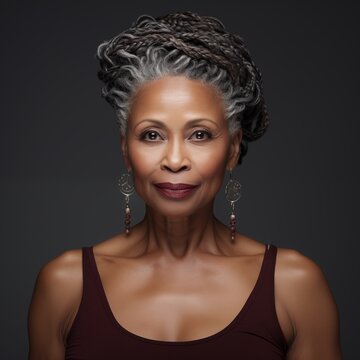 Image of a mature black woman with a braided hairstyle, photographed against a gray backdrop in a studio setup