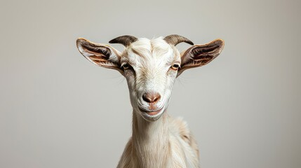 The goat is right in the middle of the gray room. Portrait of a healthy goat looking at the camera. Created with Generative AI.