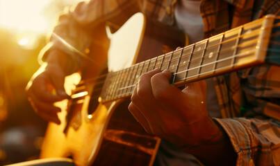The intricate details of hands engaged in playing an acoustic guitar, creating a captivating close-up scene.