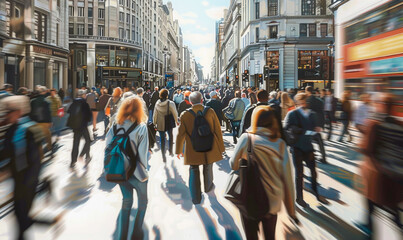 A dynamic urban scene with a bustling crowd filling the streets, creating a vibrant spectacle.