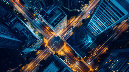 Aerial or drone view of the city traffic on the crossroad at night, cars passing through the dark streets, blurred in motion from the speed. Automotive transportation through the district