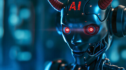 Closeup of the evil robot with red eyes and horns looking at the camera and smiling. Futuristic cyborg machine made of chrome, dangerous technology innovation, text 